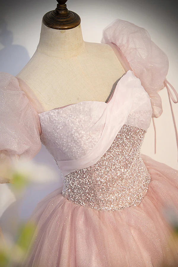 Wholesale Pink Tulle Sequins Long Prom Dress Lovely A-Line Short Sleeve Evening Party Dress